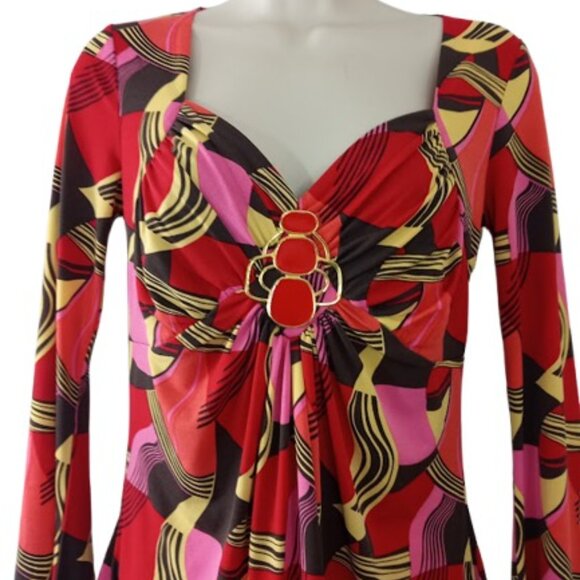 Bisou Bisou Womens Tunic Top Multicolor Retro Print Jersey Knit V Neck XS - Picture 2 of 3